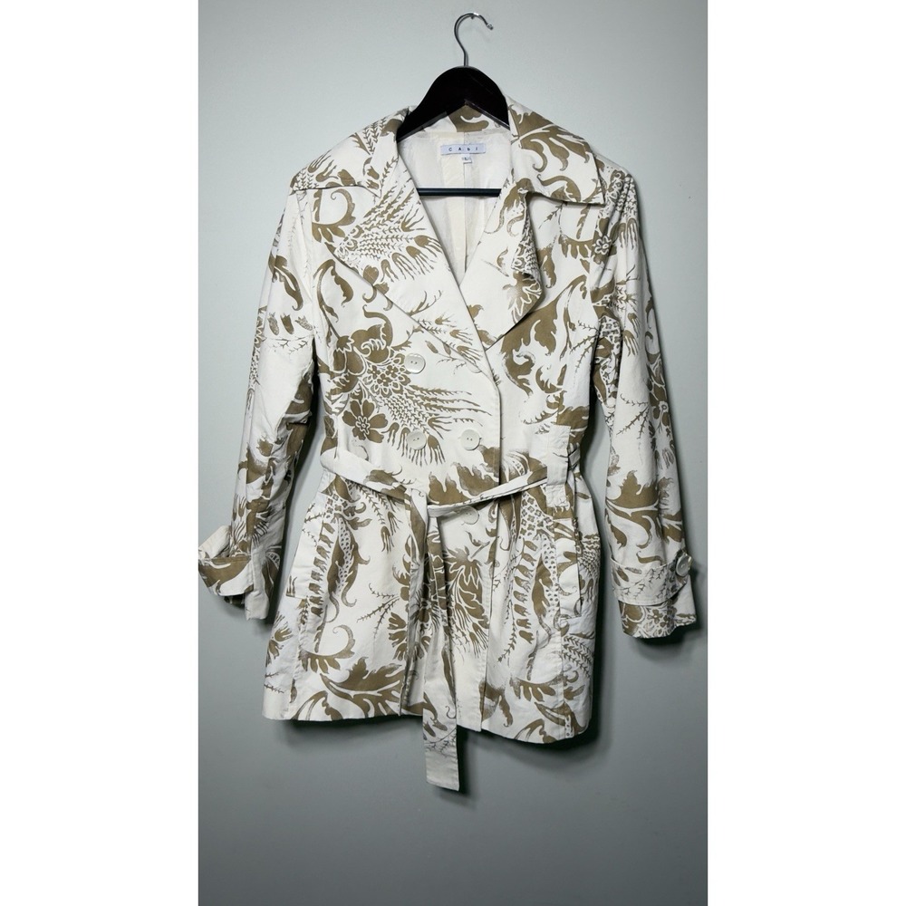 Cabi Wimbledon Courtside Trench Coat L Metallic Botanical Print Cotton Linen